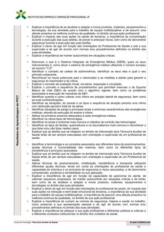 Curso de Formação: Técnico/a Auxiliar de Saúde PLANO CURRICULAR
6/66
ResultadosdeAprendizagemdaFPCT
 Explicar a importância de se atualizar e adaptar a novos produtos, materiais, equipamentos e
tecnologias, da sua atividade para o trabalho de equipa multidisciplinar e de assumir uma
atitude proactiva na melhoria contínua da qualidade, no âmbito da sua ação profissional.
 Explicar o impacto das suas ações na saúde de terceiros, a importância da concentração
durante a execução das suas tarefas, de prever e antecipar riscos, bem como de demonstrar
segurança durante a execução das suas tarefas.
 Explicar o dever de agir em função das orientações do Profissional de Saúde e sob a sua
supervisão e de agir de acordo com normas e/ou procedimentos definidos no âmbito das
suas atividades.
 Explicar a importância de manter autocontrolo em situações críticas.
 Descrever o que é o Sistema Integrado de Emergência Médica (SIEM), quais os seus
intervenientes e, como ativar o sistema de emergência médica utilizando o número europeu
de socorro "112".
 Identificar o conceito de cadeia de sobrevivência, identificar os seus elos e qual o seu
princípio subjacente.
 Reconhecer os riscos potenciais para o reanimador e as medidas a adotar para garantir a
segurança do reanimador e da vítima.
 Explicar o conceito de avaliação inicial, via aérea, respiração e circulação.
 Explicar o conceito e sequência de procedimentos que permitam executar o de Suporte
Básico de Vida (SBV) de acordo com o algoritmo vigente, bem como os problemas
associados à execução de manobras de SBV.
 Identificar quando e como colocar uma vítima em posição lateral de segurança, bem como
as suas contraindicações.
 Identificar as situações, as causas e os tipos e sequência de atuação perante uma vítima
com obstrução parcial e total da via aérea.
 Identificar situações de perigo e principais sinais e sintomas característicos das emergências
médicas, através da execução do exame à vítima.
 Aplicar os primeiros socorros adequados a cada emergência médica.
 Identificar os vários tipos de hemorragias.
 Identificar os sinais e sintomas mais comuns e métodos de controlo das hemorragias.
 Identificar os tipos de feridas, queimaduras e os traumatismos mais comuns e reconhecer o
que fazer e/ou não fazer nestes casos.
 Explicar que as tarefas que se integram no âmbito de intervenção do/a Técnico/a Auxiliar de
Saúde terão de ser sempre executadas com orientação e supervisão de um profissional de
saúde.
 Identificar a terminologia e os conceitos associados aos diferentes tipos de posicionamentos,
ajudas técnicas e funcionalidade das mesmas, bem como os diferentes tipos de
transferência e princípios associados.
 Explicar que as tarefas que se integram no âmbito de intervenção do/a Técnico/a Auxiliar de
Saúde terão de ser sempre executadas com orientação e supervisão de um Profissional de
saúde.
 Aplicar técnicas de posicionamento, mobilização, transferência e transporte utilizando
diferentes ajudas técnicas, tendo em conta as orientações do profissional de saúde a
capacidade do indivíduo e os princípios de ergonomia e riscos associados, e de demonstrar
compreensão, paciência e sensibilidade na sua aplicação.
 Explicar a importância de agir em função da capacidade de autonomia do utente, de
valorizar pequenos progressos, de manter autocontrolo em situações críticas e de limite,
bem como de se atualizar e adaptar a novos produtos, materiais, equipamentos e
tecnologias no âmbito das suas atividades.
 Explicar o dever de agir em função das orientações do profissional de saúde, do impacte das
suas ações na interação e bem-estar emocional de terceiros, a importância da sua atividade
para o trabalho de equipa multidisciplinar, a importância de assumir uma atitude proactiva na
melhoria contínua da qualidade, no âmbito da sua ação profissional.
 Explicar a importância de cumprir as normas de segurança, higiene e saúde no trabalho,
como preservar a sua apresentação pessoal e de agir de acordo com normas e/ou
procedimentos definidos no âmbito das suas atividades.
 Explicar a importância de adequar a sua ação profissional a diferentes públicos e culturas e
a diferentes contextos institucionais no âmbito dos cuidados de saúde.
 