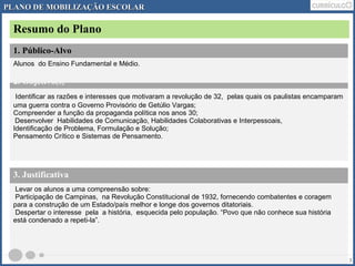 PLANO DDEE MMOOBBIILLIIZZAAÇÇÃÃOO EESSCCOOLLAARR 
Resumo do Plano 
1. Público-Alvo 
Alunos do Ensino Fundamental e Médio. 
2. Objetivo(s) 
Identificar as razões e interesses que motivaram a revolução de 32, pelas quais os paulistas encamparam 
uma guerra contra o Governo Provisório de Getúlio Vargas; 
Compreender a função da propaganda política nos anos 30; 
Desenvolver Habilidades de Comunicação, Habilidades Colaborativas e Interpessoais, 
Identificação de Problema, Formulação e Solução; 
Pensamento Crítico e Sistemas de Pensamento. 
3 
3. Justificativa 
Levar os alunos a uma compreensão sobre: 
Participação de Campinas, na Revolução Constitucional de 1932, fornecendo combatentes e coragem 
para a construção de um Estado/país melhor e longe dos governos ditatoriais. 
Despertar o interesse pela a história, esquecida pelo população. “Povo que não conhece sua história 
está condenado a repeti-la”. 
 