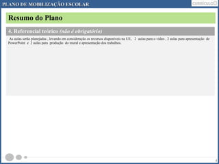 Resumo do Plano 
4 
PLANO DDEE MMOOBBIILLIIZZAAÇÇÃÃOO EESSCCOOLLAARR 
4. Referencial teórico (não é obrigatório) 
As aulas serão planejadas , levando em consideração os recursos disponíveis na UE, 2 aulas para o vídeo , 2 aulas para apresentação de 
PowerPoint e 2 aulas para produção do mural e apresentação dos trabalhos. 
 