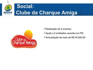 Social:
Clube da Charque Amiga

         Realização de 2 eventos;
         Ajuda a 2 entidades carentes em PE;
         Arrecadação de mais de R$ 45.000,00
 