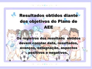 Resultados obtidos diante
           dos objetivos do Plano de
                      AEE

         Os registros dos resultado obtidos
       Clique para editar o estilo do subtítulo mestre
            devem constar data, resultados,
            avanços, estagnação, aspectos
                     positivos e negativos.


18/05/12
 