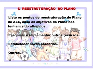 C- REESTRUTURAÇÃO DO PLANO

 Liste os pontos de reestruturação do Plano
 •


 de AEE, caso os objetivos do Plano não
 tenham sido atingidos.

 •
     Pesquisar e implementar outros recursos.
        Clique para editar o estilo do subtítulo mestre
 •
     Estabelecer novas parcerias.

 •
     Outros.



18/05/12
 