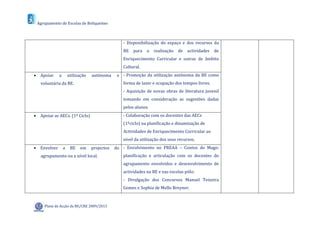 Agrupamento de Escolas de Boliqueime



                                                 - Disponibilização do espaço e dos recursos da
                                                 BE   para   a   realização   de   actividades   de
                                                 Enriquecimento Curricular e outras de âmbito
                                                 Cultural.
 Apoiar     a       utilização   autónoma     e - Promoção da utilização autónoma da BE como
   voluntária da BE.                             forma de lazer e ocupação dos tempos livres.
                                                 - Aquisição de novas obras de literatura juvenil
                                                 tomando em consideração as sugestões dadas
                                                 pelos alunos.
 Apoiar as AECs. (1º Ciclo)                     - Colaboração com os docentes das AECs
                                                 (1ºciclo) na planificação e dinamização de
                                                 Actividades de Enriquecimento Curricular ao
                                                 nível da utilização dos seus recursos.
 Envolver       a    BE   em     projectos   do - Envolvimento no PREAA – Contos do Mago:
   agrupamento ou a nível local.                 planificação e articulação com os docentes do
                                                 agrupamento envolvidos e desenvolvimento de
                                                 actividades na BE e nas escolas pólo;
                                                 - Divulgação dos Concursos Manuel Teixeira
                                                 Gomes e Sophia de Mello Breyner.


     Plano de Acção da BE/CRE 2009/2013
 