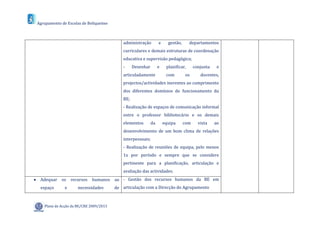 Agrupamento de Escolas de Boliqueime



                                             administração         e     gestão,      departamentos
                                             curriculares e demais estruturas de coordenação
                                             educativa e supervisão pedagógica;
                                             -     Desenhar        e    planificar,      conjunta    e
                                             articuladamente            com        os       docentes,
                                             projectos/actividades inerentes ao cumprimento
                                             dos diferentes domínios do funcionamento da
                                             BE;
                                             - Realização de espaços de comunicação informal
                                             entre o professor bibliotecário e os demais
                                             elementos        da       equipa      com     vista    ao
                                             desenvolvimento de um bom clima de relações
                                             interpessoais;
                                             - Realização de reuniões de equipa, pelo menos
                                             1x por período e sempre que se considere
                                             pertinente para a planificação, articulação e
                                             avaliação das actividades.
 Adequar os recursos humanos            ao - Gestão dos recursos humanos da BE em
  espaço       e      necessidades       de articulação com a Direcção do Agrupamento



    Plano de Acção da BE/CRE 2009/2013
 