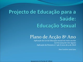 Plano de Acção 8º Ano
Aplicação da Lei da Educação sexual em meio escolar
Lei 60/2009 de 6 de Agosto
Aplicação da Portaria n.º 196-A/2010 de 9 de Abril
Ano Lectivo 2010/2011
Agrupamento de Escolas de Valbom
 