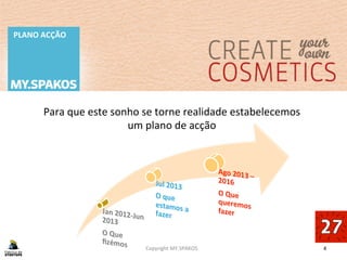 4	
  
PLANO	
  ACÇÃO	
  
Copyright	
  MY.SPAKOS	
  
Para	
  que	
  este	
  sonho	
  se	
  torne	
  realidade	
  estabelecemos	
  
um	
  plano	
  de	
  acção	
  
	
  
	
  
 