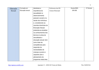 6

  Educação         Formação em       Admitindo a               Professores das EB   Escola EB/S         2º Período

   Sexual          Educação sexual   importância da            Câmara Municipal      200.00€

                                     sexualidade no
                                     desenvolvimento
                                     pessoal e social e na
                                     saúde dos indivíduos
                                     e, considerando as
                                     recentes directrizes da
                                     Educação Sexual,
                                     pretende-se actualizar
                                     os conhecimentos dos
                                     técnicos na área da
                                     sexualidade e
                                     educação sexual, bem
                                     como dotar de
                                     competências para
                                     responder às
                                     necessidades de
                                     crianças e jovens e
                                     capacitar para o
                                     planeamento de
                                     programas nesta área.


http://apeeava.weebly.com                  Apartado 13 – 4850-545 Vieira do Minho                 Tlm: 965022361
 