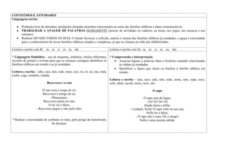 CONTEÚDOS E ATIVIDADES
Linguagem escrita

       Produção livre de desenhos, produções dirigidas desenhos relacionados ao tema das famílias silábicas e datas comemorativas.
       TRABALHAR A ANALISE DE PALAVRAS DIARIAMENTE (através de atividades no caderno, na lousa, nos jogos, nas musicas e nos
       cartazes).
       Realizar DITADO TODOS OS DIAS. O ditado favorece a reflexão, analise e síntese das famílias silábicas já estudadas, e aguça a curiosidade
       para o conhecimento de novas famílias silábicas simples e complexas, já que as crianças já estão pré-alfabetizadas.

Leitura e escrita com Rr   ra   re   ri   ro ru   rão                         Leitura e escrita com Ss sa     se    si   so   su   são

* Linguagem Simbólica – uso de etiquetas, símbolos, rótulos diferentes, * Compreensão e interpretação:
recortes de jornais e revistas para que as crianças consigam identificar as              Associar figuras a palavras ditas e histórias contadas relacionadas
famílias silábicas em estudo e as já estudadas.                                          às silabas já estudadas.
                                                                                         Identificar a figura que inicia ou finaliza a família silábica em
Leitura e escrita – rabo, raio, ralo, rede, remo, rico, rio, ré, rei, réu, rodo,         estudo.
roubo, ruga, remédio, rodada.
                                                                                 Leitura e escrita – saia, saco, sala, selo, sede, soma, sino, sopa, soco,
                             Reco-reco e o rato                                  sofá, sabiá, sacola, sumo, suco, são.

                       O rato roeu a roupa do rei.                                                                 O sapo
                        Reco-reco é amigo do rei.
                             - Miauuuuuu...                                                              O sapo saiu da lagoa.
                        Reco-reco pulou no rato.                                                            - Oi! Oi! Oi! Oi!
                            O rei riu e falou:                                                            Simão falou a Sófia:
                   - Reco-reco pegou o rato pelo rabo.                                         - Cuidado, Sofia! O sapo sobe na sua saia.
                                                                                                            Sofia riu e falou:
                                                                                                   - O sapo não é mau. Ele é amigo!
* Realçar a necessidade de combater os ratos, pelo perigo da transmissão                              Sofia é uma menina sabida.
                             de doenças.
 