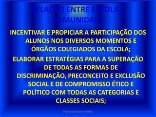 RELAÇÃO ENTRE ESCOLA E
           COMUNIDADE
INCENTIVAR E PROPICIAR A PARTICIPAÇÃO DOS
     ALUNOS NOS DIVERSOS MOMENTOS E
       ÓRGÃOS COLEGIADOS DA ESCOLA;
 ELABORAR ESTRATÉGIAS PARA A SUPERAÇÃO
   DE TODAS AS FORMAS DE DISCRIMINAÇÃO,
    PRECONCEITO E EXCLUSÃO SOCIAL E DE
    COMPROMISSO ÉTICO E POLÍTICO COM
   TODAS AS CATEGORIAS E CLASSES SOCIAIS;

                PROFESSOR CÉSAR TAVARES
 