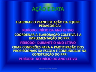 AÇÃO E DATA

   ELABORAR O PLANO DE AÇÃO DA EQUIPE
                PEDAGÓGICA;
       PERÍODO: INÍCIO DA ANO LETIVO
  COORDENAR A ELABORAÇÃO COLETIVA E A
           IMPLEMENTAÇÃO DO PPP;
      PERÍODO: DURANTE O ANO LETIVO
CRIAR CONDIÇÕES PARA A PARTICIPAÇÃO DOS
 PROFISSIONAIS DA ESCOLA E COMUNIDADE NA
             CONSTRUÇÃO DO PPP;
     PERÍODO: NO INÍCIO DO ANO LETIVO

              PROFESSOR CÉSAR TAVARES
 