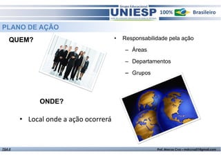 Fund. de Administração - Prof.ª Rosangela AlvesTGA II Prof. Marcos Cruz – mdccruz01@gmail.com
QUEM? • Responsabilidade pela ação
– Áreas
– Departamentos
– Grupos
PLANO DE AÇÃO
• Local onde a ação ocorrerá
ONDE?
 