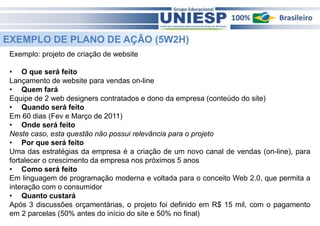 EXEMPLO DE PLANO DE AÇÃO (5W2H)
Exemplo: projeto de criação de website
• O que será feito
Lançamento de website para vendas on-line
• Quem fará
Equipe de 2 web designers contratados e dono da empresa (conteúdo do site)
• Quando será feito
Em 60 dias (Fev e Março de 2011)
• Onde será feito
Neste caso, esta questão não possui relevância para o projeto
• Por que será feito
Uma das estratégias da empresa é a criação de um novo canal de vendas (on-line), para
fortalecer o crescimento da empresa nos próximos 5 anos
• Como será feito
Em linguagem de programação moderna e voltada para o conceito Web 2.0, que permita a
interação com o consumidor
• Quanto custará
Após 3 discussões orçamentárias, o projeto foi definido em R$ 15 mil, com o pagamento
em 2 parcelas (50% antes doFund. de Administração 50% no final) Alves
início do site e - Prof.ª Rosangela

 
