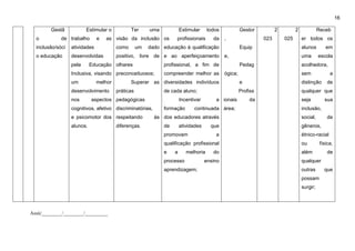 16
Assú/________/________/_________
Gestã
o de
inclusão/sóci
o educação
Estimular o
trabalho e as
atividades
desenvolvidas
pela Educação
Inclusiva, visando
um melhor
desenvolvimento
nos aspectos
cognitivos, afetivo
e psicomotor dos
alunos.
Ter uma
visão da inclusão
como um dado
positivo, livre de
olhares
preconceituosos;
Superar as
práticas
pedagógicas
discriminatórias,
respeitando às
diferenças.
Estimular todos
os profissionais da
educação à qualificação
e ao aperfeiçoamento
profissional, a fim de
compreender melhor as
diversidades indivíduos
de cada aluno;
Incentivar a
formação continuada
dos educadores através
de atividades que
promovam a
qualificação profissional
e a melhoria do
processo ensino
aprendizagem;
Gestor
,
Equip
e,
Pedag
ógica;
e
Profiss
ionais da
área;
2
023
2
025
Receb
er todos os
alunos em
uma escola
acolhedora,
sem a
distinção de
qualquer que
seja sua
inclusão,
social, de
gêneros,
étnico-racial
ou física,
além de
qualquer
outras que
possam
surgir;
 