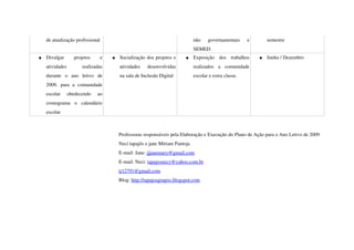de atualização profissional                                                  não   governamentais   e           semestre
                                                                                 SEMED.
●   Divulgar   projetos   e            ●   Socialização dos projetos e     ●     Exposição   dos   trabalhos    ●   Junho / Dezembro
    atividades          realizadas         atividades   desenvolvidas            realizados   a   comunidade 
    durante   o   ano   letivo   de        na sala de Inclusão Digital           escolar e extra classe.
    2009,   para   a   comunidade 
    escolar   obedecendo   ao 
    cronograma   o   calendário 
    escolar



                                           Professoras responsáveis pela Elaboração e Execução do Plano de Ação para o Ano Letivo de 2009
                                           Neci tapajós e jane Míriam Pantoja 
                                           E­mail: Jane: jjjanemary@gmail.com
                                           E­mail: Neci: tapajosnecy@yahoo.com.br
                                           tj12791@gmail.com
                                           Blog: http://tapajosgrupos.blogspot.com
 