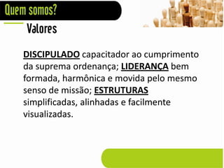 Valores
DISCIPULADO capacitador ao cumprimento
da suprema ordenança; LIDERANÇA bem
formada, harmônica e movida pelo mesmo
senso de missão; ESTRUTURAS
simplificadas, alinhadas e facilmente
visualizadas.
 