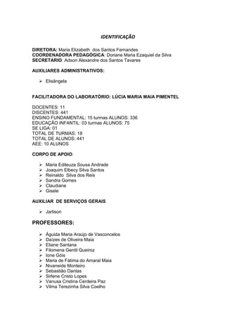 IDENTIFICAÇÃO
DIRETORA: Maria Elizabeth dos Santos Fernandes
COORDENADORA PEDAGÓGICA: Doriane Maria Ezaquiel da Silva
SECRETARIO: Adson Alexandre dos Santos Tavares
AUXILIARES ADMINISTRATIVOS:
 Elisãngela
FACILITADORA DO LABORATÓRIO: LÚCIA MARIA MAIA PIMENTEL
DOCENTES: 11
DISCENTES: 441
ENSINO FUNDAMENTAL: 15 turmas ALUNOS: 336
EDUCAÇÃO INFANTIL: 03 turmas ALUNOS: 75
SE LIGA: 01
TOTAL DE TURMAS: 18
TOTAL DE ALUNOS: 441
AEE: 10 ALUNOS
CORPO DE APOIO:
 Maria Edileuza Sousa Andrade
 Joaquim Elbecy Silva Santos
 Reinaldo Silva dos Reis
 Sandra Gomes
 Claudiane
 Gisele
AUXILIAR DE SERVIÇOS GERAIS
 Jarlison
PROFESSORES:
 Águida Maria Araújo de Vasconcelos
 Daízes de Oliveira Maia
 Eliane Santana
 Filomena Gentil Queiroz
 Ione Góis
 Maria de Fátima do Amaral Maia
 Nivaneide Monteiro
 Sebastião Dantas
 Sirlene Cristo Lopes
 Vanusa Cristina Cerdeira Paz
 Vilma Terezinha Silva Coelho
 