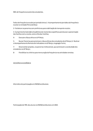 96% de frequênciaescolardosestudantes.
Índice de frequênciaescolarporperíodoletivo.1‐ Acompanhamentoperiódicodafrequência
escolarna Unidade Plenade Brejo
2‐ Fortalecerasparceriascom prefeiturasparaviabilizaçãode transporte escolar;
3‐ CumprimentoCalendárioAcadêmicode momentosespecíficosparabuscara aproximação
das famíliascoma escola,comoo Diadas Famílias;
4- Executara Busca Ativana UP Brejo;
5- Buscar Parceriaspara promovera Busca AtivasdosestudantesdaUP Brejo;6- Realizar
o AcompanhamentoRemotode IndicadoresnaUPBrejo,viagoogle Forms;
7- Desenvolverprojetos,viaparceriasinstitucionais,que promovama assiduidade dos
estudantesnaUP Brejo;
8- Flexibilizaroscritériosparamensuraçãodafrequêncianasatividadesremotas.
EXCELÊNCIA ACADÊMICA
Altoíndice de participaçãoemENEM/vestibulares
Participaçãode 70% dosalunosnoENEM/vestibularesem2022.
 