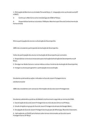 1- EfetivaçãodaMonitoriana Unidade Plenade Brejo;2- Integraçãoentre asdisciplinasdaBT
e BNCC;
3- Continuara MonitoriacomometodologiadoIEMA UP Brejo;
4- DisponibilizarhoráriosincluindooTAMpara MonitoriaporÁrea doConhecimentode
formaremota
EfetivaparticipaçãodosalunosnaAvaliaçãode Desempenho.
100% dos estudantesparticipandodaAvaliaçãode Desempenho.
Índice de participaçãodosalunosna Avaliaçãode Desempenhoporsemestre.
1‐ DisponibilizaraestruturanecessáriapararealizaçãodaAvaliaçãode DesempenhonaUP
Brejo;
2‐ Divulgarnas RedesSociaise outrasmídiasos diase horáriosda Avaliaçãode Desempenho;
3- Instigaros alunospara garantira participaçãonessaavaliação.
Estudantespraticandoasações indicadasnoGuiado JovemProtagonistano
cotidianoescolar
100% dos estudantescom acessoàsinformaçõesdoGuiado JovemProtagonista
Estudantesadotandoaspráticas doModeloInstitucional e seguindoasnormasdoIEMA.
1‐ SocializaçãodoGuia doJovemProtagonistanoiníciodoano letivonaUP Brejo;
2‐ Estudo dirigidoemgrupodo Guiado JovemProtagonistaatravésdoGoogle Meet;
3‐ DivulgaçãodoGuia do JovemProtagonistanosgruposde Whatsapp,Mural do Classroom;
4 - Aplicaçãode umQUIZZ peloKahootsobre temasrelacionadosaoGuiadoJovem
ProtagonistanoUP Brejo.
 