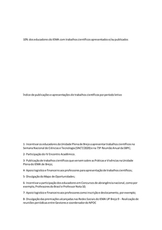 10% doseducadoresdoIEMA com trabalhoscientíficosapresentadose/oupublicados
Índice de publicaçõese apresentaçõesde trabalhoscientíficosporperíodoletivo
1‐ IncentivaroseducadoresdaUnidade Plenade Brejoaapresentartrabalhoscientíficosna
SemanaNacional de Ciênciase Tecnologia(SNCT/2020) e na 73ª ReuniãoAnual daSBPC;
2‐ Participaçãodo IV Encontro Acadêmico.
3‐ Publicaçãode trabalhoscientíficosque versemsobre asPráticase VivênciasnaUnidade
PlenadoIEMA de Brejo;
4‐ Apoiologistícoe financeiroaosprofessoresparaapresentaçãode trabalhoscientíficos;
5‐ DivulgaçãodoMapa de Oportunidades;
6‐ Incentivara participaçãodoseducadoresemConcursosde abrangêncianacional,comopor
exemplo,ProfessoresdoBrasil e ProfessorNota10;
7‐ Apoiologistícoe financeiroaosprofessorescomoinscriçãoe deslocamento,porexemplo;
8‐ DivulgaçãodaspremiaçõesalcançadasnasRedesSociaisdoIEMA UP Brejo9 - Realizaçãode
reuniõesperiódicasentre Gestorese coordenadordoNPOC
 