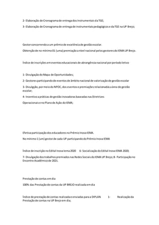 2‐ Elaboração de Cronogramade entregadosInstrumentaisdaTGE;
3- Elaboração de Cronogramade entregade instrumentaispedagógicose daTGE na UP Brejo;
Gestorconcorrendoa um prêmiode excelênciade gestãoescolar.
Obtençãode no mínimo01 (uma) premiaçãoanível nacional pelosgestoresdoIEMA UP Brejo.
Índice de inscriçõesemeventoseducacionaisde abrangêncianacional porperíodoletivo
1‐ DivulgaçãodoMapa de Oportunidades;
2‐ Gestoresparticipandode eventosde âmbitonacional de valorizaçãode gestãoescolar
3‐ Divulgção,pormeiodoNPOC,dos eventose premiaçõesrelacionadosaàrea de gestão
escolar;
4‐ Incentivoapráticas de gestãoinovadorasbaseadasnasDiretrizes
Operacionaise noPlanode Ação doIEMA;
EfetivaparticipaçãodoseducadoresnoPrêmioInovaIEMA.
No mínimo1 (um) gestorde cada UP participandodoPrêmioInovaIEMA
Índice de inscriçãonoEdital InovaIema2020 6- SocializaçãodoEdital InovaIEMA 2020;
7‐ DivulgaçãodostrabalhospremiadosnasRedesSociaisdoIEMA UP Brejo;8‐ Participaçãono
Encontro Acadêmicode 2021.
Prestaçãode contas emdia
100% das Prestaçãode contas da UP BREJO realizadaemdia
Índice de prestaçãode contas realizadae enviadasparaa DIPLAN 1- Realizaçãoda
Prestaçãode contas na UP Brejoem dia;
 