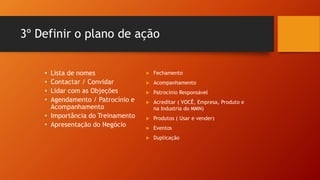 3º Definir o plano de ação
• Lista de nomes
• Contactar / Convidar
• Lidar com as Objeções
• Agendamento / Patrocínio e
Acompanhamento
• Importância do Treinamento
• Apresentação do Negócio
 Fechamento
 Acompanhamento
 Patrocínio Responsável
 Acreditar ( VOCÊ, Empresa, Produto e
na Industria do MMN)
 Produtos ( Usar e vender)
 Eventos
 Duplicação
 