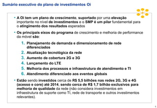 Sumário executivo do plano de investimentos Oi


      • A Oi tem um plano de crescimento, suportado por uma elevação
       importante no nível de investimentos e o SMP é um pilar fundamental para
       o atingimento dos resultados esperados
      • Os principais eixos do programa de crescimento e melhoria de performance
       da móvel são:
          1. Planejamento de demanda e dimensionamento de rede
               diferenciados
          2.   Atualização tecnológica da rede
          3.   Aumento de cobertura 2G e 3G
          4.   Lançamento do LTE
          5.   Melhoria dos processos e infraestrutura de atendimento e TI
          6.   Atendimento diferenciado aos eventos globais
      • Estão sendo investidos cerca de R$ 5,5 bilhões nas redes 2G, 3G e 4G
       (acesso e core) até 2014, sendo cerca de R$ 1,7 bilhão exclusivos para
       melhoria de qualidade da rede (não considera investimentos em
       infraestrutura de suporte como TI, rede de transporte e outros investimentos
       relevantes).

                                                                                      1
 