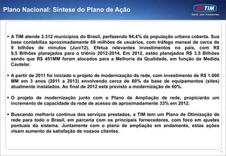 Plano Nacional: Síntese do Plano de Ação



  A TIM atende 3.312 municípios do Brasil, perfazendo 94,4% da população urbana coberta. Sua
   base contabiliza aproximadamente 69 milhões de usuários, com tráfego mensal de cerca de
   9 bilhões de minutos (Jun/12). Efetua relevantes investimentos no país, com R$
   9,5 Bilhões planejados para o triênio 2012-2014. Em 2012, estão planejados R$ 3.5 Bilhões
   sendo que R$ 451MM foram alocados para a Melhoria da Qualidade, em função da Medida
   Cautelar.

  A partir de 2011 foi iniciado o projeto de modernização da rede, com investimento de R$ 1.000
   MM em 3 anos (2011 a 2013) envolvendo cerca de 80% da base de equipamentos (sites)
   atualmente instalados. Ao final de 2012 está previsto a modernização de 60%.

  O projeto de modernização junto com o Plano de Ampliação de rede, propiciarão um
   incremento de capacidade da rede de acesso de aproximadamente 33% em 2012.

  Buscando melhoria contínua dos serviços prestados, a TIM tem um Plano de Otimização de
   rede para todo o Brasil, em parceria com os principais fornecedores, com foco em ajustes
   pontuais do sistema. Juntamente com o plano de ampliação em andamento, estas ações
   visam aumento da satisfação de nossos clientes.



                                                                                                   15
 