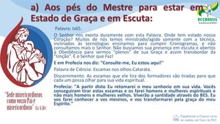 a) Aos pés do Mestre para estar em
Estado de Graça e em Escuta:
Palavra: Is65.
O Senhor nos exorta duramente com esta Palavra. Onde tem estado nosso
Coração? Muitos de nós temos ministrado/agido somente com a técnica,
inclinados às tecnologias ensinamos para cumprir Cronogramas, e não
consultamos mais o Senhor. Não buscamos sua presença em escuta e abertos
à Obediência para sermos “plenos” de sua Graça e assim transbordar da
“Unção”. É o Senhor que Faz!
E em Profecia nos diz: “Consulte-me, Eu estou aqui!"
Palavra de Ciência: Escamas nos olhos-Catarata.
Discernimento: As escamas que ele tira dos formadores são tiradas para que
cada um possa olhar para sua vida espiritual.
Profecia: "A partir disto Eu retomarei o meu senhorio em sua vida. Vocês
conseguiram tirar estas escamas e os farei homens e mulheres espirituais e
não mais homens e mulheres velhos. Viverão a santidade através do BES. Eu
vos farei conhecer a vos mesmos, e vos transformarei pela graça do meu
Espírito."
 