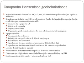 Campanha Hanseníase geohelmintíases
 Reunião com setores de interface: AB, AF , PSE, Secretaria Municipal de Educação, Vigilância
  Ambiental
 Reunião para articulação com PSE: envolvimento de Escolas do Amanhã, Diretores das Escolas
  envolvidas e gerentes das unidades de saúde
 Treinamento das equipes das US
    Objetivos da campanha
    Aspectos operacionais
    Organização agenda para atendimento dos casos selecionados durante a campanha
 Equipes de Saúde:
    Treinamento dos professores
    Definição de entrega/devolução da ficha de auto-imagem
    Recolhimento dos formulários
    Agendamento dos casos suspeitos de hanseníase na US (prioridade alta)
    Agendamento dos casos com outras dermatoses na US, conforme disponibilidade
 Logística de distribuição de material
 Preenchimento do Formulário Escola pela US de acordo com instrutivo
 Preenchimento e digitação do consolidado Municipal – responsabilidade da SMS
 Monitoramento das informações – responsabilidade da SMS
 