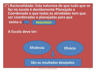 2°) Racionalidade: Esta natureza de que tudo que se
faz na escola é devidamente Planejado e
Coordenado e que todas as atividades tem que
ser coordenadas e planejadas para que
exista o
A Escola deve ter:
RESULTADO
Eficiência Eficácia
São os resultados desejados.
PEDAGOGO CÉSAR TAVARES 12
 