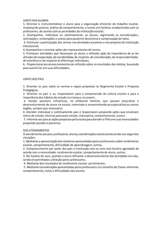 JUNTO AOS ALUNOS
1. Orientar e instrumentalizar o aluno para a organização eficiente do trabalho escolar,
mudançade postura, análise do comportamento, e outros em horários estabelecidos com os
professores, de acordo com as prioridades da instituição escolar;
2. Acompanhar, individual ou coletivamente, os alunos, registrando as considerações,
solicitações, reclamações e outros para posterior devolutiva e comprovação de fatos;
3. Estimular a participação dos alunos nas atividades escolares e nos projetos da instituição
educacional;
4. Acompanhar e orientar ações dos representantes de turma;
5. Promover atividades que favoreçam ao aluno a reflexão-ação da importância de se ter
atitudesde cooperação,de sociabilidade,de respeito, de consideração, de responsabilidade,
de tolerância e de respeito às diferenças individuais;
6. Proporcionaraosalunosmomentosde reflexão sobre os resultados das médias, buscando
para auxiliá-los em suas dificuldades;
JUNTO AOS PAIS
1. Orientar os pais sobre as normas e regras propostas no Regimento Escolar e Proposta
Pedagógica;
2. Orientar os pais e ou responsáveis para a compreensão da cultura escolar e para a
importância dos hábitos de estudo na criança e no jovem;
3. Sondar possíveis influências, no ambiente familiar, que possam prejudicar o
desenvolvimento do aluno na escola, intervindo e encaminhando ao especialista ou outros
órgãos, sempre que necessário;
4. Atender individual e coletivamente pais e responsáveis propondo ações que envolvam
rotina de estudo, técnicas para auto estudo, indisciplina, comportamento, outros.
7. Informaraos paisas açõespropostaspelaescolaparaatendero filhoemsuasnecessidades
propondo acordos e parcerias;
DOS ATENDIMENTOS
O atendimentoaospais,professores,alunos,coordenaçõesestaráacontecendo nas seguintes
situações:
1. Mediante a apresentaçãodosrelatóriosapresentadospelos professores sobre rendimento
escolar, comportamento, dificuldade de aprendizagem, outros;
2. Comparecimento por parte dos pais a instituição com ou sem com horário agendado de
acordo com a necessidade: rendimento escolar, comportamento de aluno, outros;
3. No horário de aula, quando o aluno dificultar o desenvolvimento das atividades em sala,
sendo encaminhados a Direção pelos professores;
4. Mediante dos resultados do rendimento escolar por bimestre;
5. Mediante consideraçõesapresentadaspelos professores no Conselho de Classe referente
comportamento, notas e dificuldades dos alunos;
 