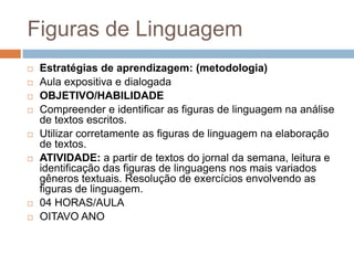 Figuras de Linguagem
   Estratégias de aprendizagem: (metodologia)
   Aula expositiva e dialogada
   OBJETIVO/HABILIDADE
   Compreender e identificar as figuras de linguagem na análise
    de textos escritos.
   Utilizar corretamente as figuras de linguagem na elaboração
    de textos.
   ATIVIDADE: a partir de textos do jornal da semana, leitura e
    identificação das figuras de linguagens nos mais variados
    gêneros textuais. Resolução de exercícios envolvendo as
    figuras de linguagem.
   04 HORAS/AULA
   OITAVO ANO
 