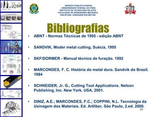 SERVIÇO PÚBLICO FEDERAL
                   UNIVERSIDADE FEDERAL DO PARÁ
                 INSTITUTO DE TECNOLOGIA DA UFPA
                FACULDADE DE ENGENHARIA MECÂNICA
                  DISCIPLINA: USINAGEM DOS METAIS




•
          Bibliografias
    ABNT - Normas Técnicas de 1995 - edição ABNT

•   SANDVIK, Moder metal cutting, Suécia, 1995

•   SKF/DORMER - Manual técnico de furação. 1992

•   MARCONDES, F. C. História do metal duro. Sandvik do Brasil.
    1984

•   SCHNEIDER, Jr. G., Cutting Tool Applications. Nelson
    Publishing, Inc. New York, USA, 2001.

•   DINIZ, A.E.; MARCONDES, F.C.; COPPINI, N.L. Tecnologia da
    Usinagem dos Materiais. Ed. Artliber, São Paulo, 2.ed. 2000.
                                                            10
 