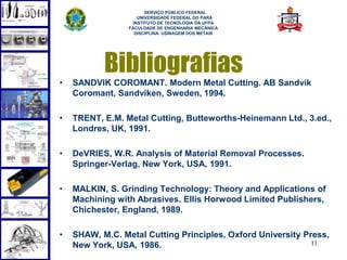 SERVIÇO PÚBLICO FEDERAL
                    UNIVERSIDADE FEDERAL DO PARÁ
                  INSTITUTO DE TECNOLOGIA DA UFPA
                 FACULDADE DE ENGENHARIA MECÂNICA
                   DISCIPLINA: USINAGEM DOS METAIS




           Bibliografias
•   SANDVIK COROMANT. Modern Metal Cutting. AB Sandvik
    Coromant, Sandviken, Sweden, 1994.

•   TRENT, E.M. Metal Cutting, Butteworths-Heinemann Ltd., 3.ed.,
    Londres, UK, 1991.

•   DeVRIES, W.R. Analysis of Material Removal Processes.
    Springer-Verlag, New York, USA, 1991.

•   MALKIN, S. Grinding Technology: Theory and Applications of
    Machining with Abrasives. Ellis Horwood Limited Publishers,
    Chichester, England, 1989.

•   SHAW, M.C. Metal Cutting Principles, Oxford University Press,
    New York, USA, 1986.                                     11
 