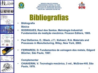 SERVIÇO PÚBLICO FEDERAL
                   UNIVERSIDADE FEDERAL DO PARÁ
                 INSTITUTO DE TECNOLOGIA DA UFPA
                FACULDADE DE ENGENHARIA MECÂNICA
                  DISCIPLINA: USINAGEM DOS METAIS




           Bibliografias
•   Bibliografia
    Básica
•   RODRIGUES, Raul dos Santos. Metrologia Industrial:
    Fundamentos da medição mecânica. Finacon Editora, 1985.

•   Paul DeGarmo, E.; Black, J.T.; Kohserr, R.A. Materials and
    Processes in Manufacturing, Wiley, New York, 2002.

•   FERRARESI, D. Fundamentos de usinagem dos metais, Edgard
    Blücher, São Paulo, 1987.

    Complementar
•   CHIAVERINI, V. Tecnologia mecânica, 3 vol., McGraw-Hill, São
    Paulo, 1978.
                                                             9
 