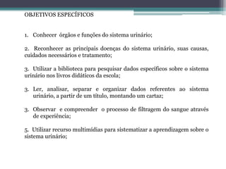 OBJETIVOS ESPECÍFICOS
1. Conhecer órgãos e funções do sistema urinário;
2. Reconhecer as principais doenças do sistema urinário, suas causas,
cuidados necessários e tratamento;
3. Utilizar a biblioteca para pesquisar dados específicos sobre o sistema
urinário nos livros didáticos da escola;
3. Ler, analisar, separar e organizar dados referentes ao sistema
urinário, a partir de um título, montando um cartaz;
3. Observar e compreender o processo de filtragem do sangue através
de experiência;
5. Utilizar recurso multimídias para sistematizar a aprendizagem sobre o
sistema urinário;
 