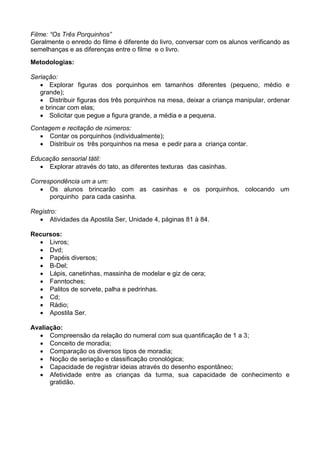 Filme: “Os Três Porquinhos”
Geralmente o enredo do filme é diferente do livro, conversar com os alunos verificando as
semelhanças e as diferenças entre o filme e o livro.
Metodologias:
Seriação:
 Explorar figuras dos porquinhos em tamanhos diferentes (pequeno, médio e
grande);
 Distribuir figuras dos três porquinhos na mesa, deixar a criança manipular, ordenar
e brincar com elas;
 Solicitar que pegue a figura grande, a média e a pequena.
Contagem e recitação de números:
 Contar os porquinhos (individualmente);
 Distribuir os três porquinhos na mesa e pedir para a criança contar.
Educação sensorial tátil:
 Explorar através do tato, as diferentes texturas das casinhas.
Correspondência um a um:
 Os alunos brincarão com as casinhas e os porquinhos, colocando um
porquinho para cada casinha.
Registro:
 Atividades da Apostila Ser, Unidade 4, páginas 81 à 84.
Recursos:
 Livros;
 Dvd;
 Papéis diversos;
 B-Del;
 Lápis, canetinhas, massinha de modelar e giz de cera;
 Fanntoches;
 Palitos de sorvete, palha e pedrinhas.
 Cd;
 Rádio;
 Apostila Ser.
Avaliação:
 Compreensão da relação do numeral com sua quantificação de 1 a 3;
 Conceito de moradia;
 Comparação os diversos tipos de moradia;
 Noção de seriação e classificação cronológica;
 Capacidade de registrar ideias através do desenho espontâneo;
 Afetividade entre as crianças da turma, sua capacidade de conhecimento e
gratidão.

 