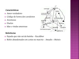 Características
 Amor verdadeiro
 Código de honra dos cavaleiros
 Aventuras
 Duelos
 Idas e vindas amorosas
Referências
 Espada que não sai da bainha – Excalibur
 Bebês abandonados em cestos no mar/rio - Amadis = Moisés
 