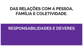 DAS RELAÇÕES COM A PESSOA,
FAMÍLIA E COLETIVIDADE.
RESPONSABILIDADES E DEVERES
 
