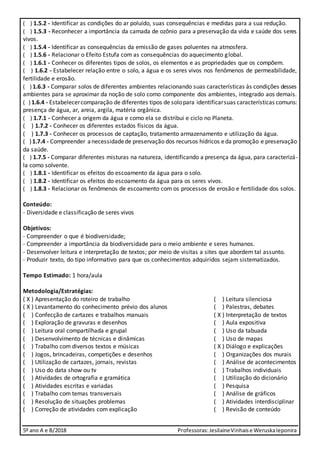 5º ano A e B/2018 Professoras:JesilaineVinhaise WeruskaIeponira
( ) 1.5.2 - Identificar as condições do ar poluído, suas consequências e medidas para a sua redução.
( ) 1.5.3 - Reconhecer a importância da camada de ozônio para a preservação da vida e saúde dos seres
vivos.
( ) 1.5.4 - Identificar as consequências da emissão de gases poluentes na atmosfera.
( ) 1.5.6 - Relacionar o Efeito Estufa com as consequências do aquecimento global.
( ) 1.6.1 - Conhecer os diferentes tipos de solos, os elementos e as propriedades que os compõem.
( ) 1.6.2 - Estabelecer relação entre o solo, a água e os seres vivos nos fenômenos de permeabilidade,
fertilidade e erosão.
( ) 1.6.3 - Comparar solos de diferentes ambientes relacionando suas características às condições desses
ambientes para se aproximar da noção de solo como componente dos ambientes, integrado aos demais.
( ) 1.6.4 - Estabelecercomparação de diferentes tipos de solopara identificarsuas características comuns:
presença de água, ar, areia, argila, matéria orgânica.
( ) 1.7.1 - Conhecer a origem da água e como ela se distribui e ciclo no Planeta.
( ) 1.7.2 - Conhecer os diferentes estados físicos da água.
( ) 1.7.3 - Conhecer os processos de captação, tratamento armazenamento e utilização da água.
( )1.7.4 - Compreender anecessidadede preservação dos recursos hídricos eda promoção e preservação
da saúde.
( ) 1.7.5 - Comparar diferentes misturas na natureza, identificando a presença da água, para caracterizá-
la como solvente.
( ) 1.8.1 - Identificar os efeitos do escoamento da água para o solo.
( ) 1.8.2 - Identificar os efeitos do escoamento da água para os seres vivos.
( ) 1.8.3 - Relacionar os fenômenos de escoamento com os processos de erosão e fertilidade dos solos.
Conteúdo:
- Diversidade e classificação de seres vivos
Objetivos:
- Compreender o que é biodiversidade;
- Compreender a importância da biodiversidade para o meio ambiente e seres humanos.
- Desenvolver leitura e interpretação de textos; por meio de visitas a sites que abordem tal assunto.
- Produzir texto, do tipo informativo para que os conhecimentos adquiridos sejam sistematizados.
Tempo Estimado: 1 hora/aula
Metodologia/Estratégias:
( X ) Apresentação do roteiro de trabalho ( ) Leitura silenciosa
( X ) Levantamento do conhecimento prévio dos alunos ( ) Palestras, debates
( ) Confecção de cartazes e trabalhos manuais ( X ) Interpretação de textos
( ) Exploração de gravuras e desenhos ( ) Aula expositiva
( ) Leitura oral compartilhada e grupal ( ) Uso da tabuada
( ) Desenvolvimento de técnicas e dinâmicas ( ) Uso de mapas
( ) Trabalho com diversos textos e músicas ( X ) Diálogo e explicações
( ) Jogos, brincadeiras, competições e desenhos ( ) Organizações dos murais
( ) Utilização de cartazes, jornais, revistas ( ) Análise de acontecimentos
( ) Uso do data show ou tv ( ) Trabalhos individuais
( ) Atividades de ortografia e gramática ( ) Utilização do dicionário
( ) Atividades escritas e variadas ( ) Pesquisa
( ) Trabalho com temas transversais ( ) Análise de gráficos
( ) Resolução de situações problemas ( ) Atividades interdisciplinar
( ) Correção de atividades com explicação ( ) Revisão de conteúdo
 