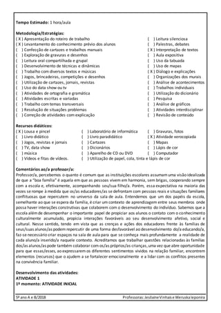 5º ano A e B/2018 Professoras:JesilaineVinhaise WeruskaIeponira
Tempo Estimado: 1 hora/aula
Metodologia/Estratégias:
( X ) Apresentação do roteiro de trabalho ( ) Leitura silenciosa
( X ) Levantamento do conhecimento prévio dos alunos ( ) Palestras, debates
( ) Confecção de cartazes e trabalhos manuais ( X ) Interpretação de textos
( ) Exploração de gravuras e desenhos ( ) Aula expositiva
( ) Leitura oral compartilhada e grupal ( ) Uso da tabuada
( ) Desenvolvimento de técnicas e dinâmicas ( ) Uso de mapas
( ) Trabalho com diversos textos e músicas ( X ) Diálogo e explicações
( ) Jogos, brincadeiras, competições e desenhos ( ) Organizações dos murais
( ) Utilização de cartazes, jornais, revistas ( ) Análise de acontecimentos
( ) Uso do data show ou tv ( ) Trabalhos individuais
( ) Atividades de ortografia e gramática ( ) Utilização do dicionário
( ) Atividades escritas e variadas ( ) Pesquisa
( ) Trabalho com temas transversais ( ) Análise de gráficos
( ) Resolução de situações problemas ( ) Atividades interdisciplinar
( ) Correção de atividades com explicação ( ) Revisão de conteúdo
Recursos didáticos:
( X ) Lousa e pincel ( ) Laboratório de informática ( ) Gravuras, fotos
( ) Livro didático ( ) Livro paradidático ( X ) Atividade xerocopiada
( ) Jogos, revistas e jornais ( ) Cartazes ( ) Mapas
( ) TV, data show ( ) Dicionários ( ) Lápis de cor
( ) música ( ) Aparelho de CD ou DVD ( ) Computador
( ) Vídeos e fitas de vídeos. ( ) Utilização de papel, cola, tinta e lápis de cor
Comentários ao/a professor/a:
Professor/a, percebemos o quanto é comum que as instituições escolares assumamuma visão idealizada
de que a “boa família” é aquela em que as pessoas vivem em harmonia, sem brigas, cooperando sempre
com a escola e, efetivamente, acompanhando seu/sua filho/a. Porém, essa expectativa na maioria das
vezes se rompe à medida que os/as educadores/as se defrontam com pessoas reais e situações familiares
conflituosas que repercutem no universo da sala de aula. Entendemos que um dos papéis da escola,
semelhante ao que se espera da família, é criar um contexto de aprendizagem entre seus membros onde
possa haver interações construtivas que colaborem com o desenvolvimento do indivíduo. Sabemos que a
escola alémde desempenhar o importante papel de propiciar aos alunos o contato com o conhecimento
culturalmente acumulado, propicia interações favoráveis ao seu desenvolvimento afetivo, social e
cultural. Nesse sentido, tendo em vista que as crenças e ações dos educadores frente às famílias de
seus/suas alunos/as podem repercutir de uma forma desfavorável ao desenvolvimento do/a educando/a,
faz-se necessário criar espaços na sala de aula para que se conheça mais profundamente a realidade de
cada aluno/a inserido/a naquele contexto. Acreditamos que trabalhar questões relacionadas às famílias
dos/as alunos/as pode também colaborar com os/as próprios/as crianças,uma vez que abre oportunidade
para que essas/esses, ao expressarem os diferentes sentimentos vividos na relação familiar, encontrem
elementos (recursos) que o ajudem a se fortalecer emocionalmente e a lidar com os conflitos presentes
na convivência familiar.
Desenvolvimento das atividades:
ATIVIDADE 1
1º momento: ATIVIDADE INICIAL
 