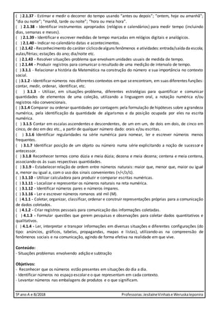 5º ano A e B/2018 Professoras:JesilaineVinhaise WeruskaIeponira
( ) 2.1.37 - Estimar e medir o decorrer do tempo usando “antes ou depois”; “ontem, hoje ou amanhã”;
“dia ou noite”; “manhã, tarde ou noite”; “hora ou meia hora”.
( ) 2.1.38 - Identificar instrumentos apropriados (relógios e calendários) para medir tempo (incluindo
dias, semanas e meses).
( ) 2.1.39 - Identificar e escrever medidas de tempo marcadas em relógios digitais e analógicos.
( ) 2.1.40 - Indicar no calendário datas e acontecimentos.
( ) 2.1.42 - Reconhecimento do caráter cíclicodealguns fenômenos e atividades:entrada/saída da escola;
aulas/férias; estações do ano; dia/noite etc.
( ) 2.1.43 - Resolver situações-problema que envolvam unidades usuais de medida de tempo.
( ) 2.1.44 - Produzir registros para comunicar o resultado de uma medição de intervalo de tempo.
( ) 3.1.1 - Relacionar a história da Matemática na construção do número e sua importância no contexto
social.
( ) 3.1.2 - Identificar números nos diferentes contextos emque seencontram, em suas diferentes funções:
contar, medir, ordenar, identificar, etc.
( ) 3.1.3 - Utilizar, em situações-problema, diferentes estratégias para quantificar e comunicar
quantidades de elementos de uma coleção, utilizando a linguagem oral, a notação numérica e/ou
registros não convencionais.
( ) 3.1.4 Comparar ou ordenar quantidades por contagem: pela formulação de hipóteses sobre agrandeza
numérica, pela identificação da quantidade de algarismos e da posição ocupada por eles na escrita
numérica.
( ) 3.1.5 Contar em escalas ascendentes e descendentes, de um em um, de dois em dois, de cinco em
cinco, de dez em dez etc., a partir de qualquer número dado: orais e/ou escritas.
( ) 3.1.6 Identificar regularidades na série numérica para nomear, ler e escrever números menos
frequentes.
( ) 3.1.7 Identificar posição de um objeto ou número numa série explicitando a noção de sucessor e
antecessor.
( ) 3.1.8 Reconhecer termos como dúzia e meia dúzia; dezena e meia dezena; centena e meia centena,
associando-os às suas respectivas quantidades.
( ) 3.1.9 - Estabelecer relação de ordem entre números naturais: maior que, menor que, maior ou igual
a, menor ou igual a, com o uso dos sinais convenientes (>/</≥/≤).
( ) 3.1.10 - Utilizar calculadora para produzir e comparar escritas numéricas.
( ) 3.1.11 - Localizar e representar os números naturais na reta numérica.
( ) 3.1.12 - Identificar números pares e números ímpares.
( ) 3.1.16 - Ler e escrever números romanos até mil (M).
( ) 4.1.1 - Coletar, organizar, classificar, ordenar e construir representações próprias para a comunicação
de dados coletados.
( ) 4.1.2 - Criar registros pessoais para comunicação das informações coletadas.
( ) 4.1.3 - Formular questões que gerem pesquisas e observações para coletar dados quantitativos e
qualitativos.
( ) 4.1.4 - Ler, interpretar e transpor informações em diversas situações e diferentes configurações (do
tipo: anúncios, gráficos, tabelas, propagandas, mapas e listas), utilizando-as na compreensão de
fenômenos sociais e na comunicação, agindo de forma efetiva na realidade em que vive.
Conteúdo:
- Situações problemas envolvendo adição e subtração
Objetivos:
- Reconhecer que os números estão presentes em situações do dia a dia.
- Identificar números no espaço escolar e o que representam em cada contexto.
- Levantar números nas embalagens de produtos e o que significam.
 