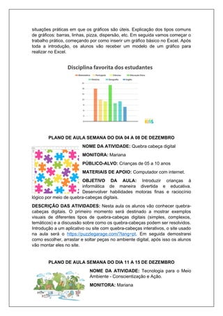 situações práticas em que os gráficos são úteis. Explicação dos tipos comuns
de gráficos: barras, linhas, pizza, dispersão, etc. Em seguida vamos começar o
trabalho prático, começando por como inserir um gráfico básico no Excel. Após
toda a introdução, os alunos vão receber um modelo de um gráfico para
realizar no Excel.
PLANO DE AULA SEMANA DO DIA 04 A 08 DE DEZEMBRO
NOME DA ATIVIDADE: Quebra cabeça digital
MONITORA: Mariana
PÚBLICO-ALVO: Crianças de 05 a 10 anos
MATERIAIS DE APOIO: Computador com internet.
OBJETIVO DA AULA: Introduzir crianças à
informática de maneira divertida e educativa.
Desenvolver habilidades motoras finas e raciocínio
lógico por meio de quebra-cabeças digitais.
DESCRIÇÃO DAS ATIVIDADES: Nesta aula os alunos vão conhecer quebra-
cabeças digitais. O primeiro momento será destinado a mostrar exemplos
visuais de diferentes tipos de quebra-cabeças digitais (simples, complexos,
temáticos) e a discussão sobre como os quebra-cabeças podem ser resolvidos.
Introdução a um aplicativo ou site com quebra-cabeças interativos, o site usado
na aula será o https://puzzlegarage.com/?lang=pt. Em seguida demostrarei
como escolher, arrastar e soltar peças no ambiente digital, após isso os alunos
vão montar eles no site.
PLANO DE AULA SEMANA DO DIA 11 A 15 DE DEZEMBRO
NOME DA ATIVIDADE: Tecnologia para o Meio
Ambiente - Conscientização e Ação.
MONITORA: Mariana
 