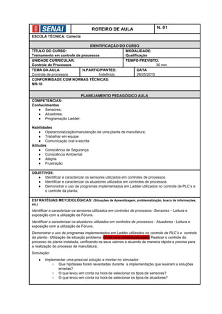  
 
ROTEIRO DE AULA  N. 01 
ESCOLA TÉCNICA: Conecta 
IDENTIFICAÇÃO DO CURSO 
TÍTULO DO CURSO:   
Treinamento em controle de processos 
MODALIDADE:  
Qualificação 
UNIDADE CURRICULAR: 
Controle de Processos 
TEMPO PREVISTO: 
30 min 
TEMA DA AULA 
Controle de processos 
N.PARTICIPANTES:  
Indefinido 
DATA 
26/05/2015 
CONFORMIDADE COM NORMAS TÉCNICAS: 
NR­10 
 
PLANEJAMENTO PEDAGÓGICO AULA  
COMPETENCIAS: 
Conhecimentos 
● Sensores; 
● Atuadores; 
● Programação Ladder; 
 
Habilidades 
● Operacionalização/manutenção de uma planta de manufatura; 
● Trabalhar em equipe 
● Comunicação oral e escrita 
Atitudes 
● Consciência de Segurança 
● Consciência Ambiental 
● Alegria 
● Frustração 
 
OBJETIVOS: 
● Identificar e caracterizar os sensores utilizados em controles de processos. 
● Identificar e caracterizar os atuadores utilizados em controles de processos. 
● Demonstrar o uso de programas implementados em Ladder utilizados no controle de PLC’s e 
o controle da planta; 
 
ESTRATÉGIAS METODOLÓGICAS: ​(Situações de Aprendizagem, problematização, busca de informações, 
etc.) 
Identificar e caracterizar os sensores utilizados em controles de processos ­Sensores – ​Leitura e 
exposição com a utilização de Fóruns. 
Identificar e caracterizar os atuadores utilizados em controles de processos ­ Atuadores ­ ​Leitura e 
exposição com a utilização de Fóruns. 
Demonstrar o uso de programas implementados em Ladder utilizados no controle de PLC’s e  controle 
da planta– ​Utilização de situação problema ­​(Criar uma contextualização)​ Realizar o controle do 
processo da planta instalada, verificando os seus valores e atuando de maneira rápida e precisa para 
a realização do processo de manufatura; 
Simulação: 
● Implementar uma possível solução e montar no simulador. 
○ Que hipóteses foram levantadas durante  a implementação que levaram a soluções 
erradas? 
○ O que levou em conta na hora de selecionar os tipos de sensores? 
○ O que levou em conta na hora de selecionar os tipos de atuadores? 
 
 