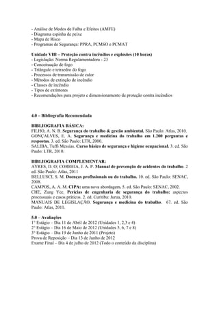 - Análise de Modos de Falha e Efeitos (AMFE)
- Diagrama espinha de peixe
- Mapa de Risco
- Programas de Segurança: PPRA, PCMSO e PCMAT

Unidade VIII – Proteção contra incêndios e explosões (10 horas)
- Legislação: Norma Regulamentadora - 23
- Conceituação de fogo
- Triângulo e tetraedro do fogo
- Processos de transmissão de calor
- Métodos de extinção de incêndio
- Classes de incêndio
- Tipos de extintores
- Recomendações para projeto e dimensionamento de proteção contra incêndios



4.0 – Bibliografia Recomendada

BIBLIOGRAFIA BÁSICA:
FILHO, A. N. B. Segurança do trabalho & gestão ambiental. São Paulo: Atlas, 2010.
GONÇALVES, E. A. Segurança e medicina do trabalho em 1.200 perguntas e
respostas. 3. ed. São Paulo: LTR, 2000.
SALIBA, Tuffi Messias. Curso básico de segurança e higiene ocupacional. 3. ed. São
Paulo: LTR, 2010.

BIBLIOGRAFIA COMPLEMENTAR:
AYRES, D. O; CORREIA, J. A. P. Manual de prevenção de acidentes do trabalho. 2
ed. São Paulo: Atlas, 2011
BELLUSCI, S. M. Doenças profissionais ou do trabalho. 10. ed. São Paulo: SENAC,
2008.
CAMPOS, A. A. M. CIPA: uma nova abordagem. 5. ed. São Paulo: SENAC, 2002.
CHE, Zung Yee. Perícias de engenharia de segurança do trabalho: aspectos
processuais e casos práticos. 2. ed. Curitiba: Jurua, 2010.
MANUAIS DE LEGISLAÇÃO. Segurança e medicina do trabalho. 67. ed. São
Paulo: Atlas, 2011.

5.0 – Avaliações
1° Estágio – Dia 11 de Abril de 2012 (Unidades 1, 2,3 e 4)
2° Estágio – Dia 16 de Maio de 2012 (Unidades 5, 6, 7 e 8)
3° Estágio – Dia 19 de Junho de 2011 (Projeto)
Prova de Reposição – Dia 13 de Junho de 2012
Exame Final – Dia 4 de julho de 2012 (Todo o conteúdo da disciplina)
 