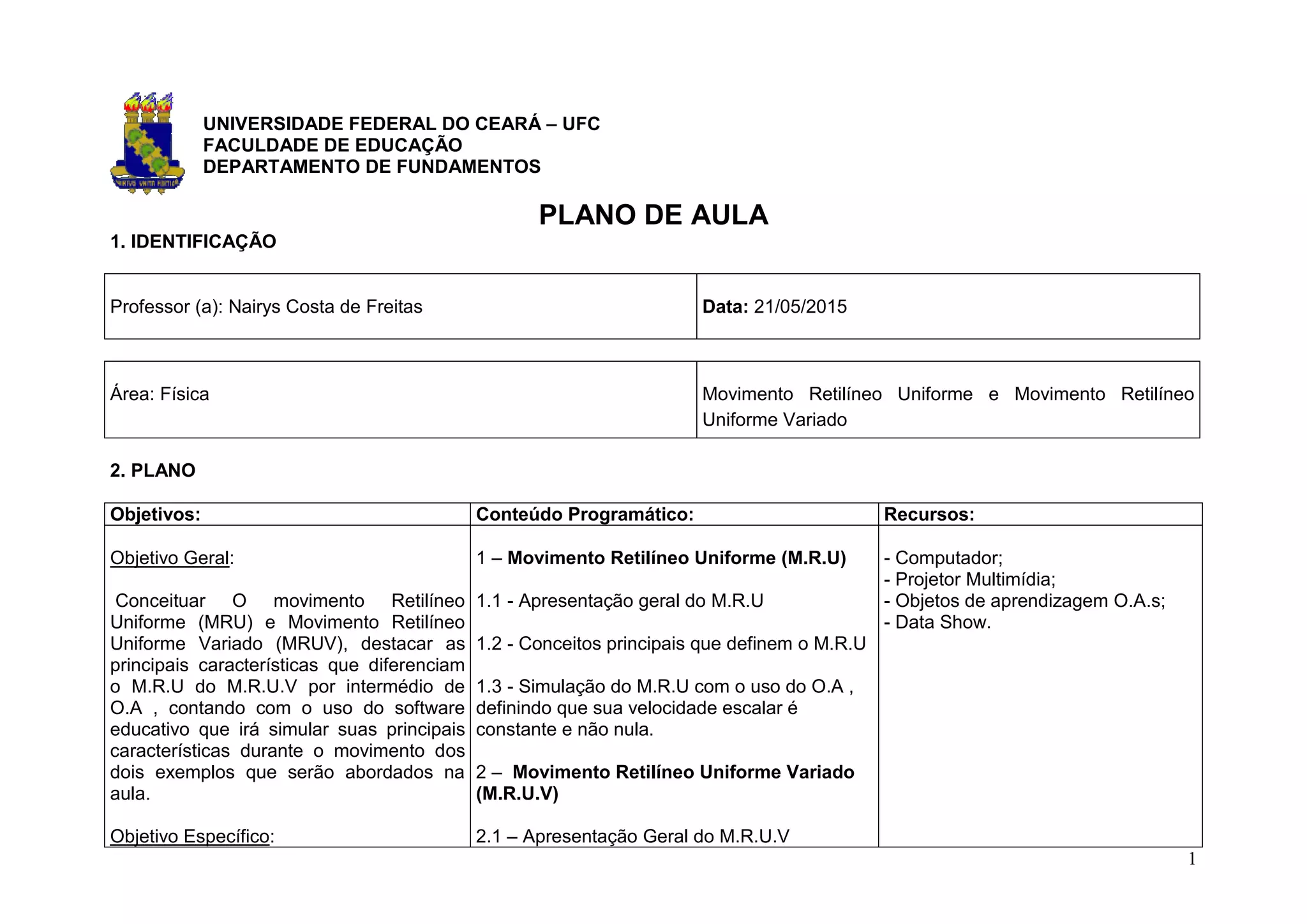 Plano de aula - Física 1º ano (MRU e MRUV) | PDF