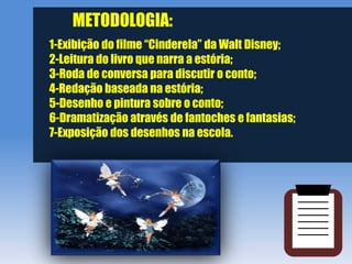 METODOLOGIA:
1-Exibição do filme “Cinderela” da Walt Disney;
2-Leitura do livro que narra a estória;
3-Roda de conversa para discutir o conto;
4-Redação baseada na estória;
5-Desenho e pintura sobre o conto;
6-Dramatização através de fantoches e fantasias;
7-Exposição dos desenhos na escola.
 