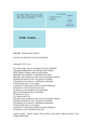 Anexo B – Paródia sobre Genética

Com base na música Do seu lado (Jota Quest)


Aaaaaaaah, AA, Aa, aa

Faz muito tempo, mas eu me lembro da Teoria de Mendel
Segregação independente, mas Morgan tinha cuidado
Genes ligados, linkage, mapas cromossômicos
Biologia é meio esquisito e a Samantha é tão chata
Mas tudo o que acontece na vida, tem um cruzamento distinto
Genótipo não pode ser visto, mas pode ser estudado
É dominante ou é recessivo, combinações misturadas
O anti-A pode estar, no seu sangue
A genética é a ciência que estuda as heranças biológicas
Começou no vovô e foi parar na sua cara
Os heteros e os homozigotos são os genótipos
Que são determinantes para os fenótipos
Os homos são AA aa
E os heteros são só Aa
Mas tudo o que acontece na vida, tem um cruzamento distinto
Genótipo não pode ser visto, mas pode ser estudado
É dominante ou é recessivo, combinações misturadas
O anti-A pode estar, no seu sangue
A genética é a ciência que estuda as heranças biológicas
Começou no vovô e foi parar na sua cara

Autores: Grupo – Beatriz, Bianca, Flávia, Flávio, João Pedro e Maria Carolina 2º AB -
Colégio Padre Moye
 