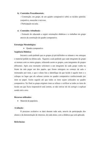 b) Conteúdos Procedimentais:
       - Construção, em grupo, de um quadro comparativo sobre os tecidos epitelial,
       conjuntivo, muscular e nervoso.
       - Participação na aula;


   c) Conteúdos Atitudinais:
       - Estimulo do educando a seguir orientações didáticas e a trabalhar em grupo
       através da construção do quadro comparativo.


Estratégia Metodológica:
           •   Quadro comparativo
Seqüência Didática:
       Iniciarei a aula pedindo que os grupos já pré-definidos se reúnam e me entregue
o material pedido na última aula. Seguirei a aula pedindo que cada integrante do grupo
se misture com os outros grupos, refazendo assim os grupos, com integrantes de grupos
diferentes. Após esse momento solicitarei a um integrante de cada grupo venha na
frente da sala pegar um dos papéis, que foram entregues no começo da aula e
misturados por mim, e que o aluno leia e identifique de que tecido é aquele item e o
coloque no lugar que ele achasse correto no quadro comparativo confeccionado por
mim no papel. Assim seguirá até que todos os itens sejam colocados no quadro
comparativo. No final os grupo originais iram se refazer e verificar se todos os itens do
tecido em que ficou responsável está correto, se não estiver ele irá corrigir e explicar
aonde está o erro.


Recursos utilizados:
   •   Material de papelaria.


Avaliação:
       O processo avaliativo se dará durante toda aula, através da participação dos
alunos e da demonstração de interesse, de cada aluno, com a didática que será aplicada.


Referências:
 