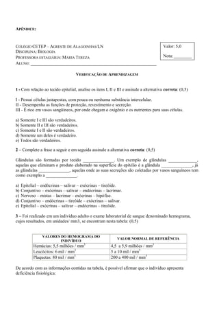 APÊNDICE:


COLÉGIO CETEP – AGRESTE DE ALAGOINHAS/LN                                                 Valor: 5,0
DISCIPLINA: BIOLOGIA
PROFESSORA ESTAGIÁRIA: MARIA TEREZA                                                      Nota:
ALUNO: _________________________________________________________

                                    VERIFICAÇÃO DE APRENDIZAGEM


1 - Com relação ao tecido epitelial, analise os itens I, II e III e assinale a alternativa correta: (0,5)

I - Possui células justapostas, com pouca ou nenhuma substância intercelular.
II - Desempenha as funções de proteção, revestimento e secreção.
III - É rico em vasos sangüíneos, por onde chegam o oxigênio e os nutrientes para suas células.

a) Somente I e III são verdadeiros.
b) Somente II e III são verdadeiros.
c) Somente I e II são verdadeiros.
d) Somente um deles é verdadeiro.
e) Todos são verdadeiros.

2 – Complete a frase a seguir e em seguida assinale a alternativa correta: (0,5)

Glândulas são formadas por tecido ______________. Um exemplo de glândulas _____________,
aquelas que eliminam o produto elaborado na superfície do epitélio é a glândula ______________, já
as glândulas ______________, aquelas onde as suas secreções são coletadas por vasos sanguíneos tem
como exemplo a ______________.

a)   Epitelial – endócrinas – salivar – exócrinas – tireóide.
b)   Conjuntivo – exócrinas – salivar – endócrinas – lacrimar.
c)   Nervoso – mistas – lacrimar – exócrinas – hipófise.
d)   Conjuntivo – endócrinas – tireóide – exócrinas – salivar.
e)   Epitelial – exócrinas – salivar – endócrinas – tireóide.

3 – Foi realizado em um indivíduo adulto o exame laboratorial de sangue denominado hemograma,
cujos resultados, em unidades/ mm3, se encontram nesta tabela: (0,5)


                 VALORES DO HEMOGRAMA DO
                                                             VALOR NORMAL DE REFERÊNCIA
                         INDIVÍDUO
            Hemácias: 5,5 milhões / mm3                   4,5 a 5,9 milhões / mm3
            Leucócitos: 6 mil / mm3                       5 a 10 mil / mm3
            Plaquetas: 80 mil / mm3                       200 a 400 mil / mm3

De acordo com as informações contidas na tabela, é possível afirmar que o indivíduo apresenta
deficiência fisiológica:
 